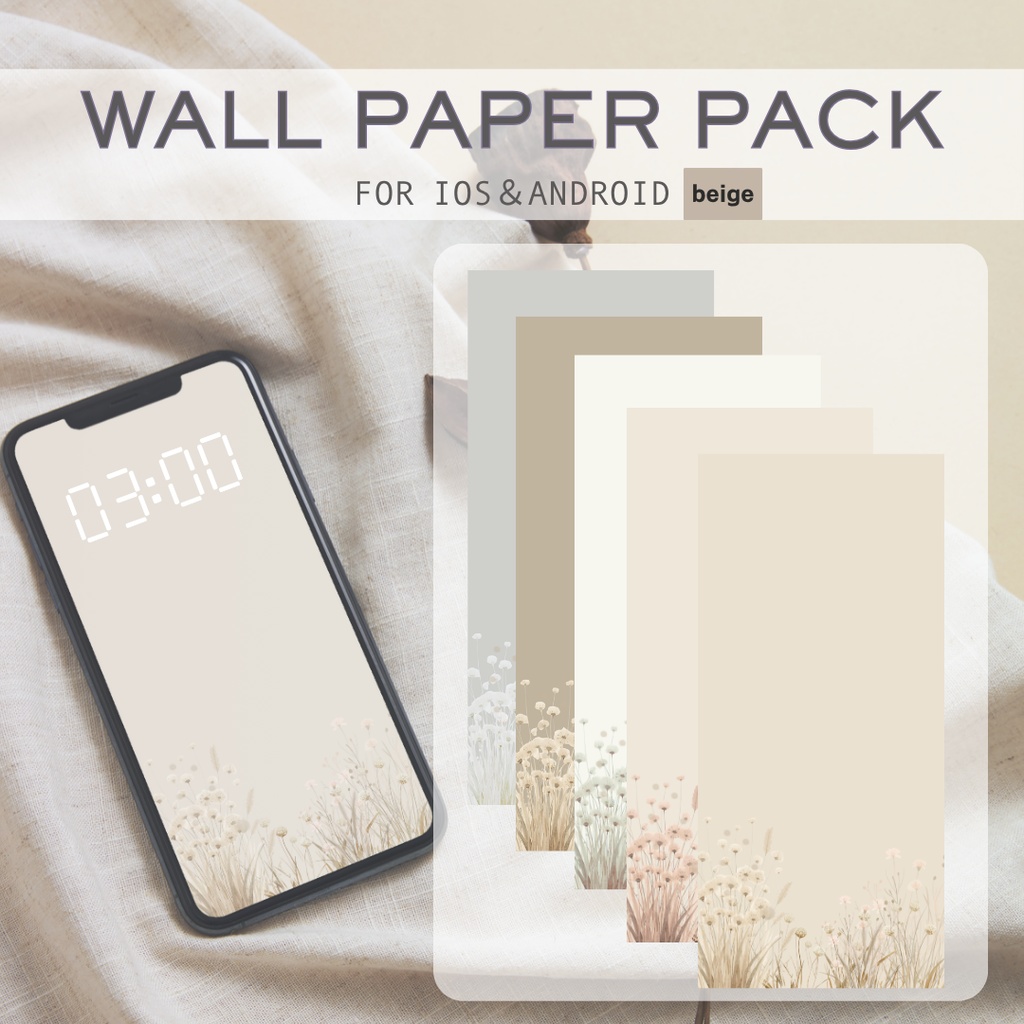  スマホ壁紙セット｜ベージュ&アースカラー｜ナチュラルミニマル｜白い花・アースカラー｜5枚セット｜ホーム画面カスタマイズ