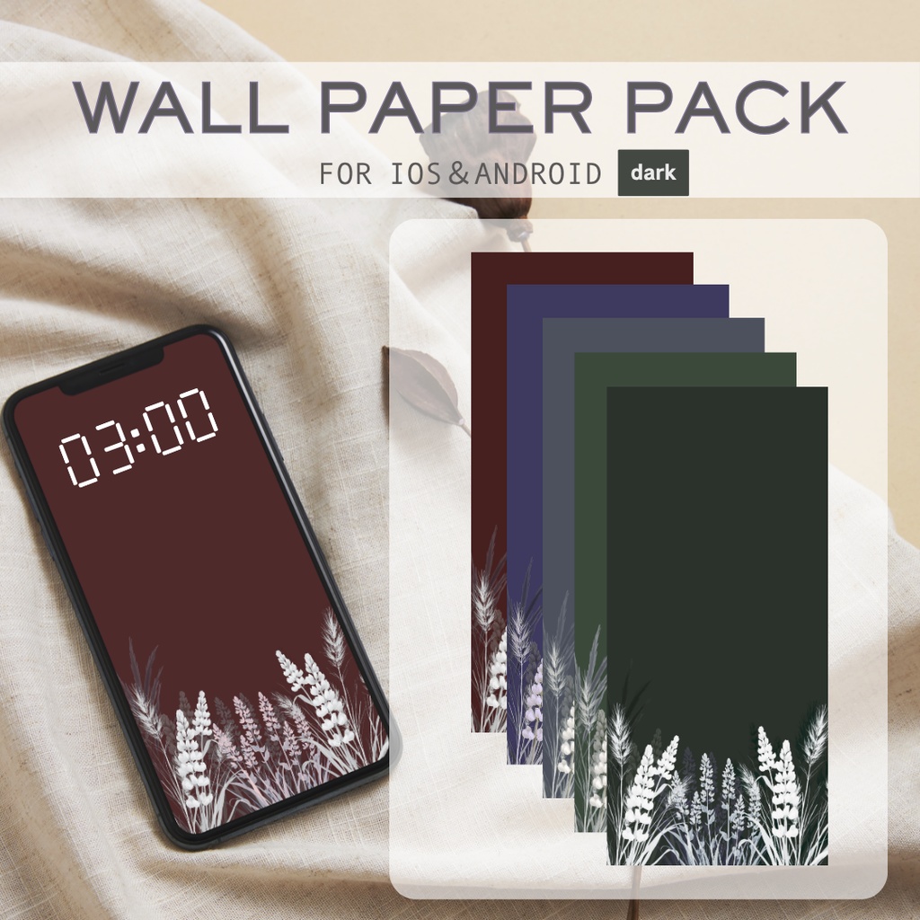 スマホ壁紙セット｜ダークカラー｜ナチュラルミニマル｜草花｜5枚セット｜ホーム画面カスタマイズ
