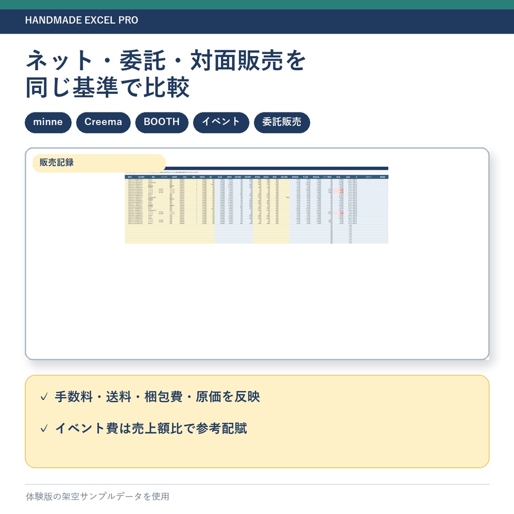【買い切り・マクロなし】ハンドメイド作家の原価・在庫・利益管理Excel Pro|minne・Creema・イベント・委託対応