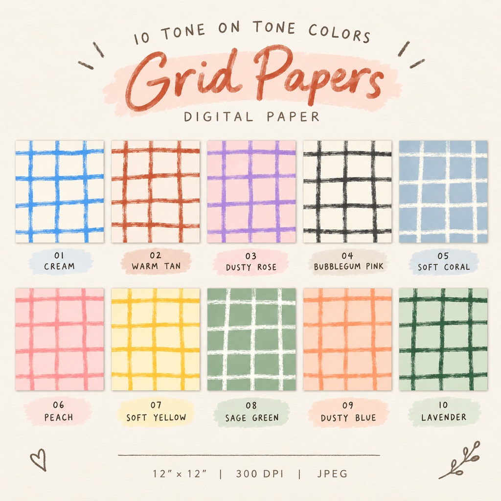 【12×12inch】手描き風グリッドペーパー 10枚セット|Grid Papers|クレヨン風チェック背景素材