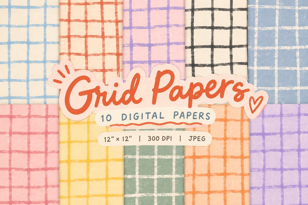 【12×12inch】手描き風グリッドペーパー 10枚セット|Grid Papers|クレヨン風チェック背景素材