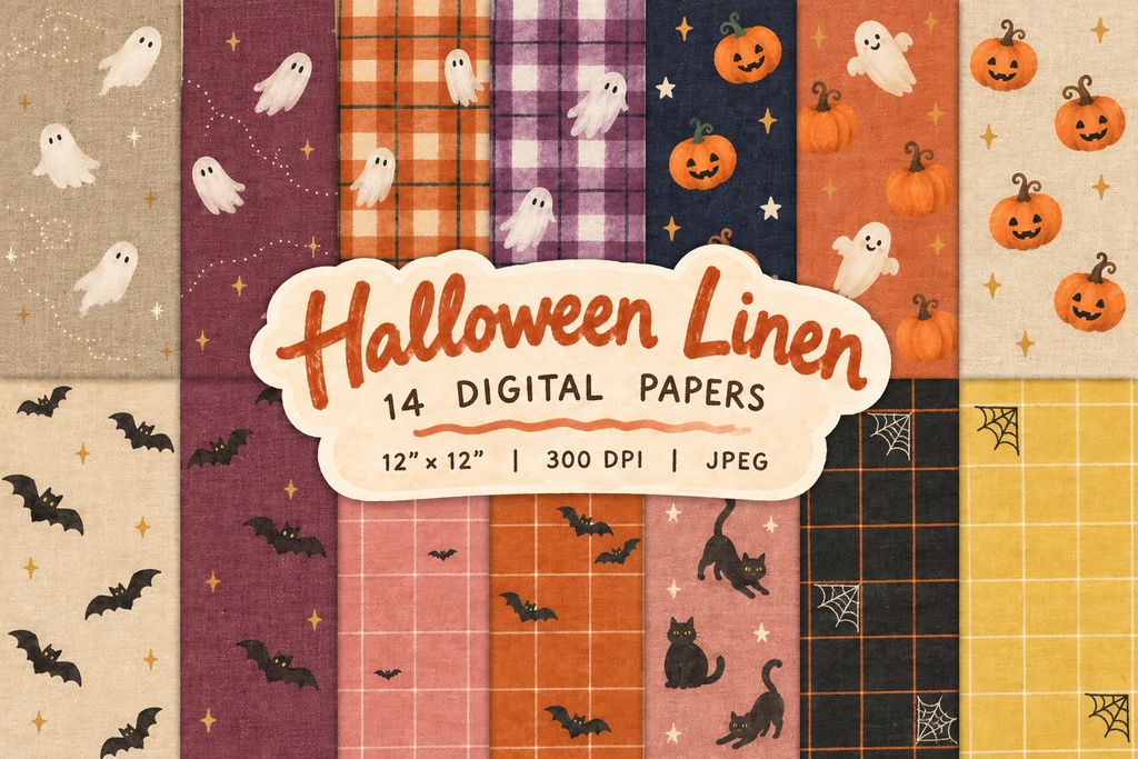 【14枚セット】ハロウィンデジタルペーパー|おばけ・かぼちゃ・コウモリ・黒猫|リネン柄 12×12inch 300dpi