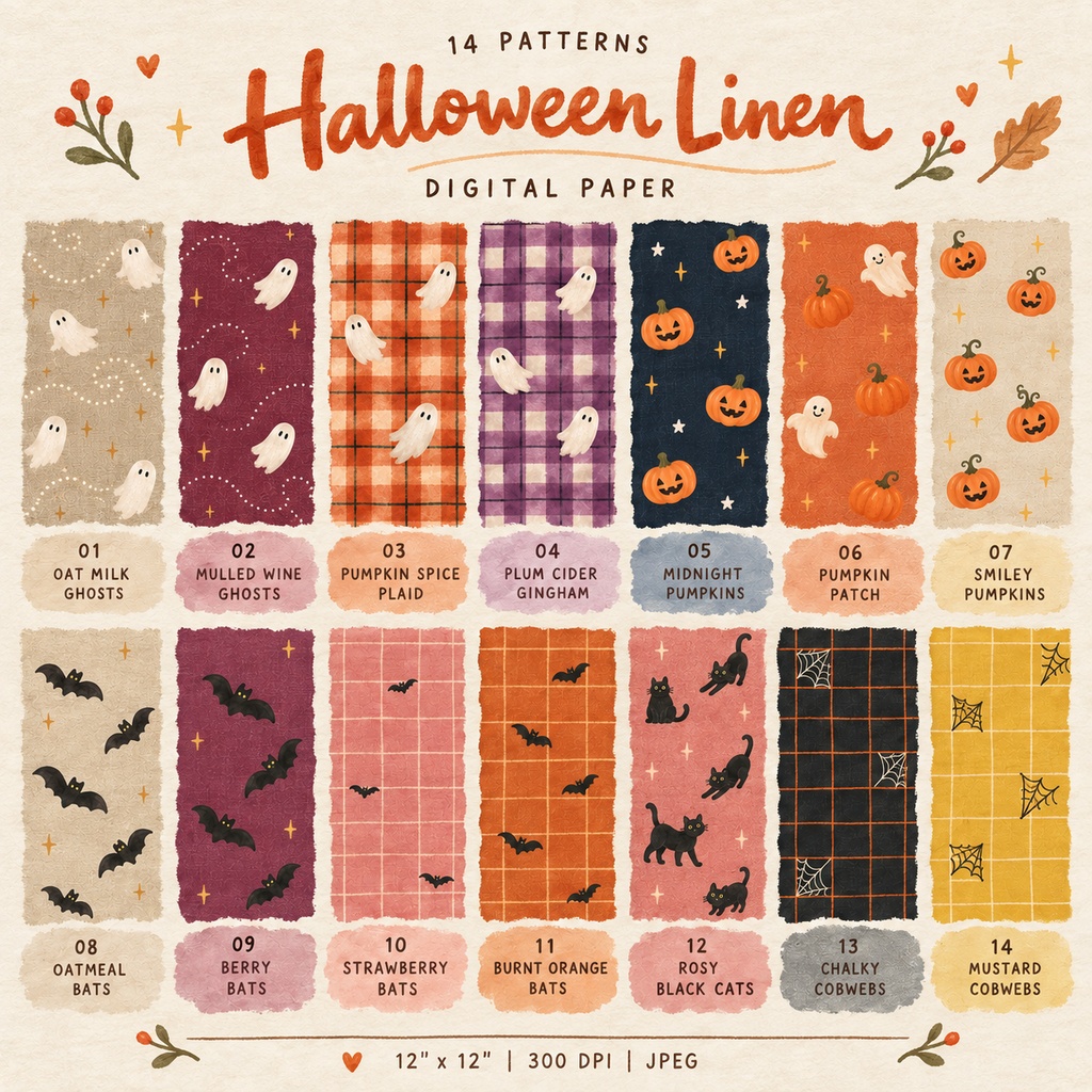 【14枚セット】ハロウィンデジタルペーパー|おばけ・かぼちゃ・コウモリ・黒猫|リネン柄 12×12inch 300dpi