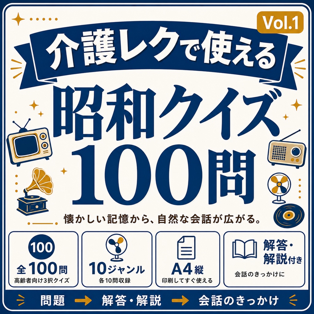 【Vol.1】介護レクで使える 昭和クイズ100問|高齢者向け・3択クイズ・印刷用PDF