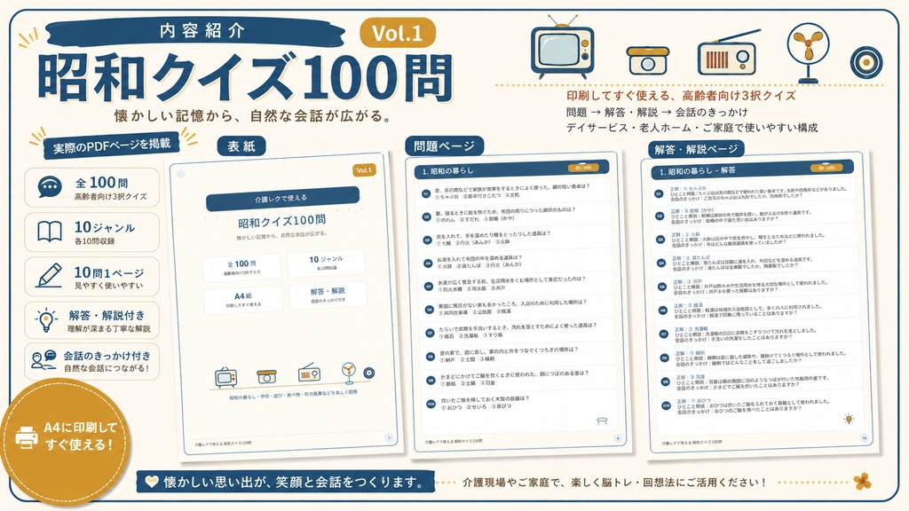 【Vol.1】介護レクで使える 昭和クイズ100問｜高齢者向け・3択クイズ・印刷用PDF