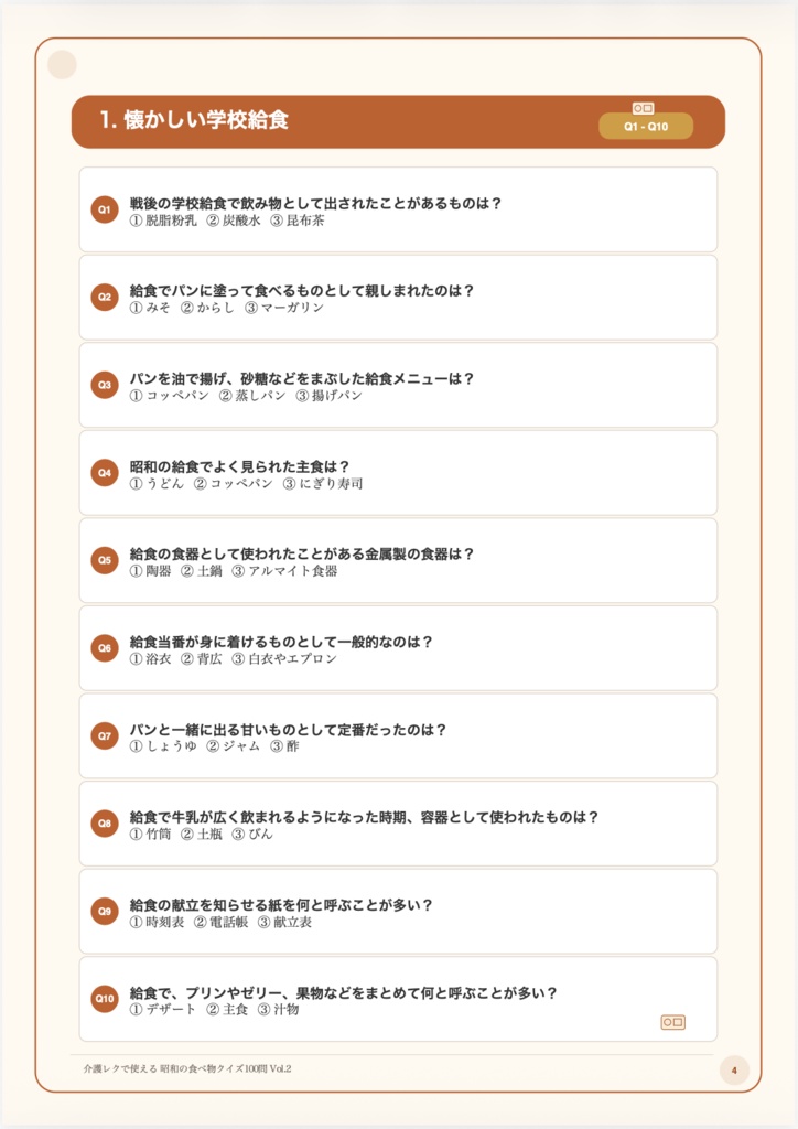 【Vol.2】介護レクで使える 懐かしい昭和の食べ物クイズ100問|高齢者向け3択クイズ PDF