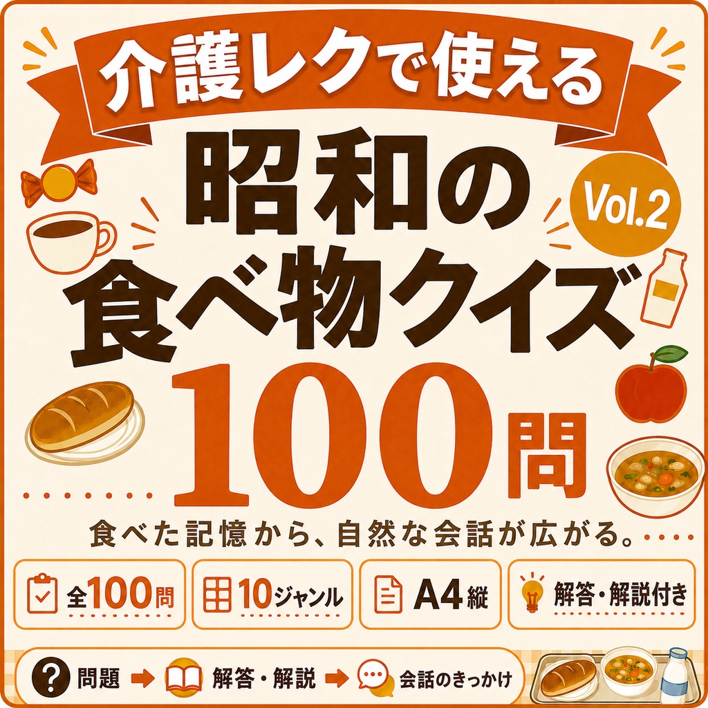 【Vol.2】介護レクで使える 懐かしい昭和の食べ物クイズ100問|高齢者向け3択クイズ PDF