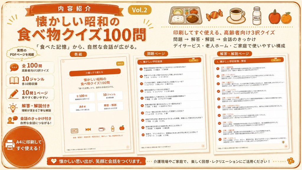 【Vol.2】介護レクで使える 懐かしい昭和の食べ物クイズ100問|高齢者向け3択クイズ PDF