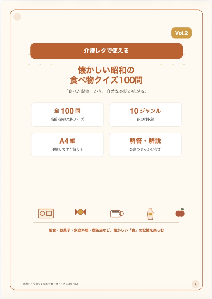 【Vol.2】介護レクで使える 懐かしい昭和の食べ物クイズ100問|高齢者向け3択クイズ PDF