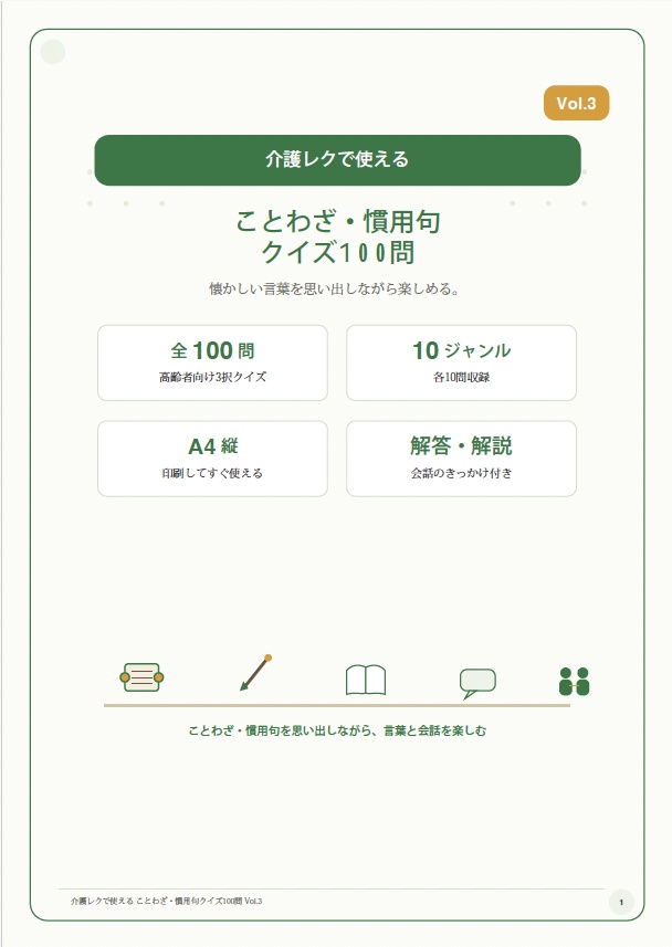 【Vol.3】介護レクで使える ことわざ・慣用句クイズ100問|高齢者向け3択クイズ PDF