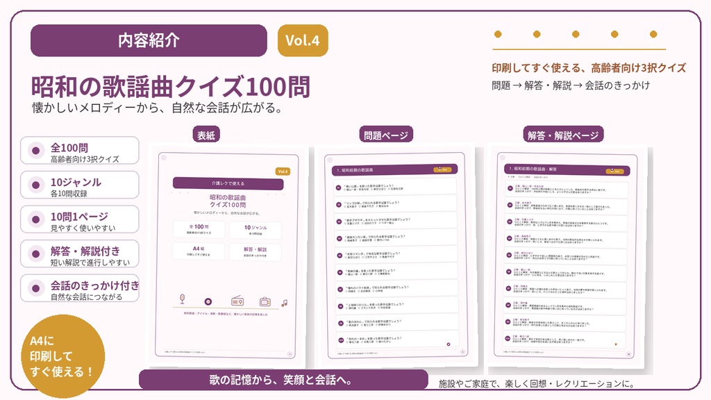 【Vol.4】介護レクで使える 昭和の歌謡曲クイズ100問|高齢者向け3択クイズ PDF