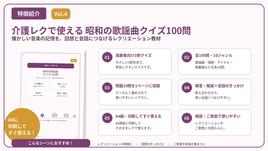 【Vol.4】介護レクで使える 昭和の歌謡曲クイズ100問|高齢者向け3択クイズ PDF