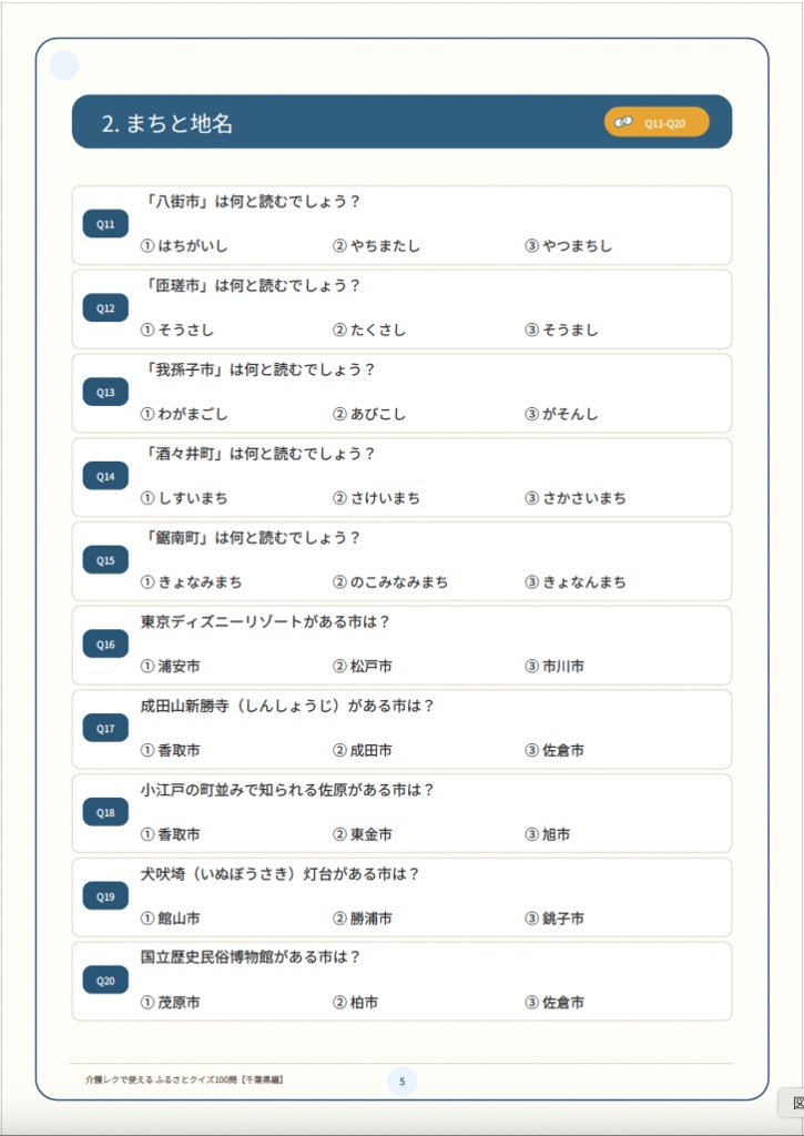 【介護レク・高齢者向け】ふるさとクイズ100問〈千葉県編〉|3択・解説・会話のきっかけ付き|印刷用PDF