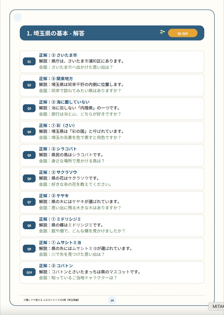 【介護レク・高齢者向け】ふるさとクイズ100問〈埼玉県編〉|3択・解説・会話のきっかけ付き|印刷用PDF