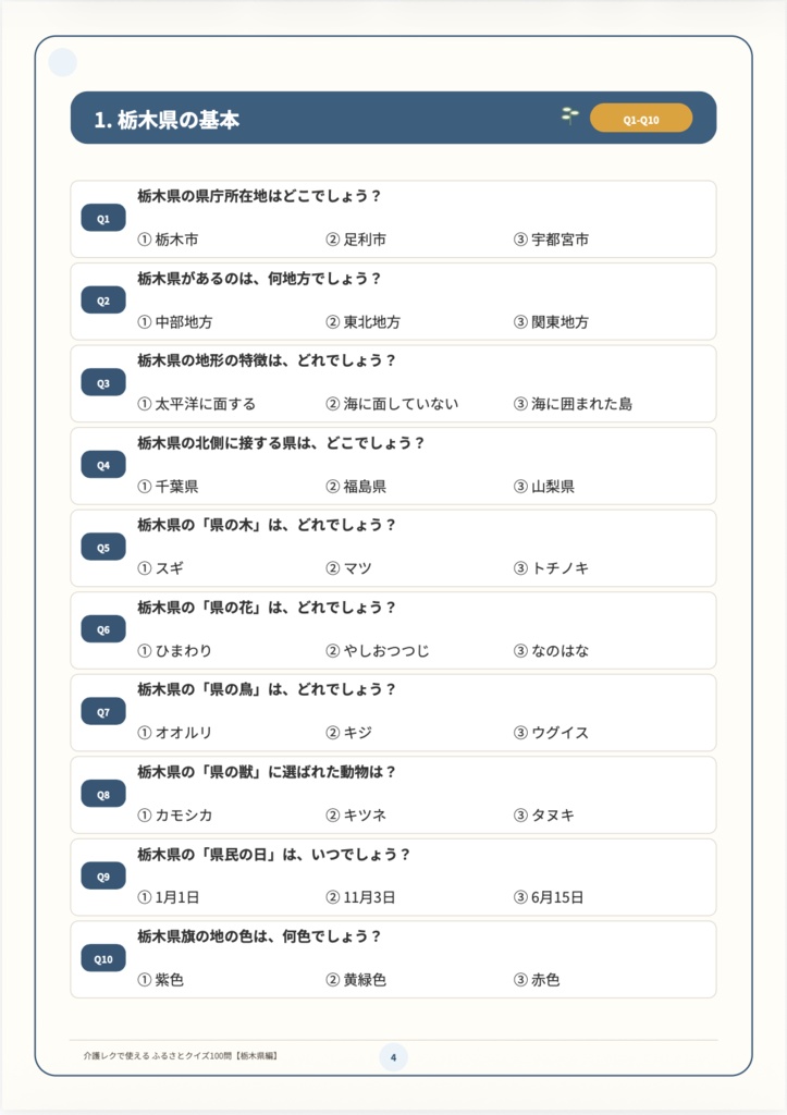 【介護レク・高齢者向け】ふるさとクイズ100問〈栃木県編〉|3択・解説・会話のきっかけ付き|印刷用PDF