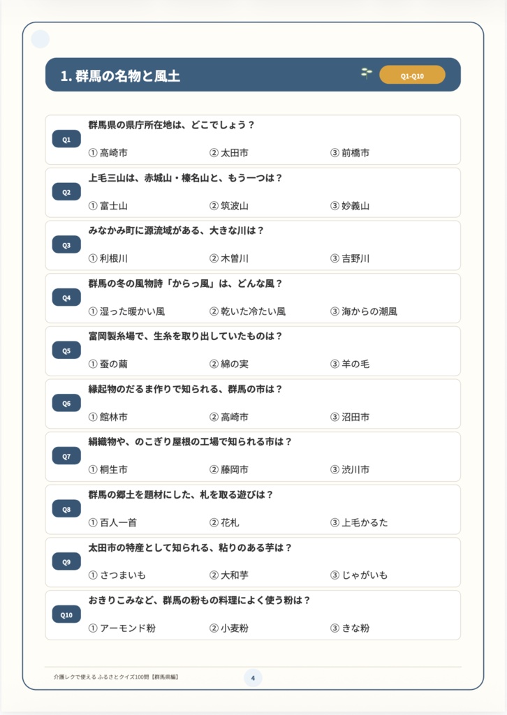 【介護レク・高齢者向け】ふるさとクイズ100問〈群馬県編〉|3択・解説・会話のきっかけ付き|印刷用PDF