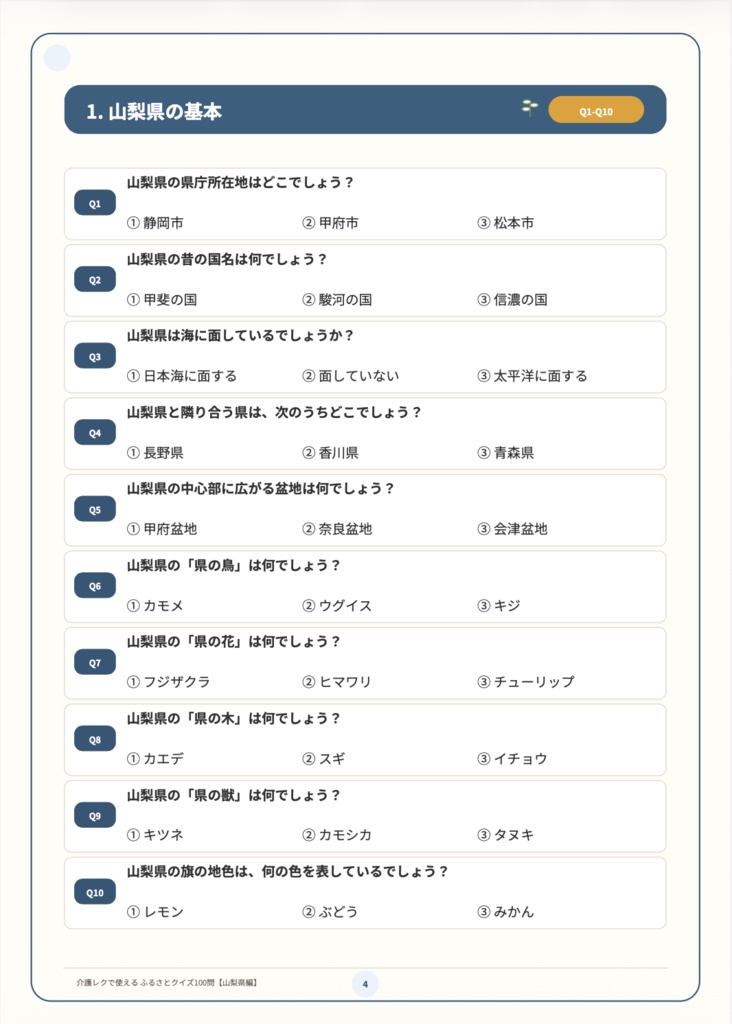 【介護レク・高齢者向け】ふるさとクイズ100問〈山梨県編〉|3択・解説・会話のきっかけ付き|印刷用PDF