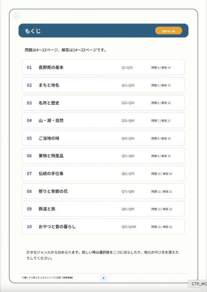 【介護レク・高齢者向け】ふるさとクイズ100問〈長野県編〉|3択・解説・会話のきっかけ付き|印刷用PDF