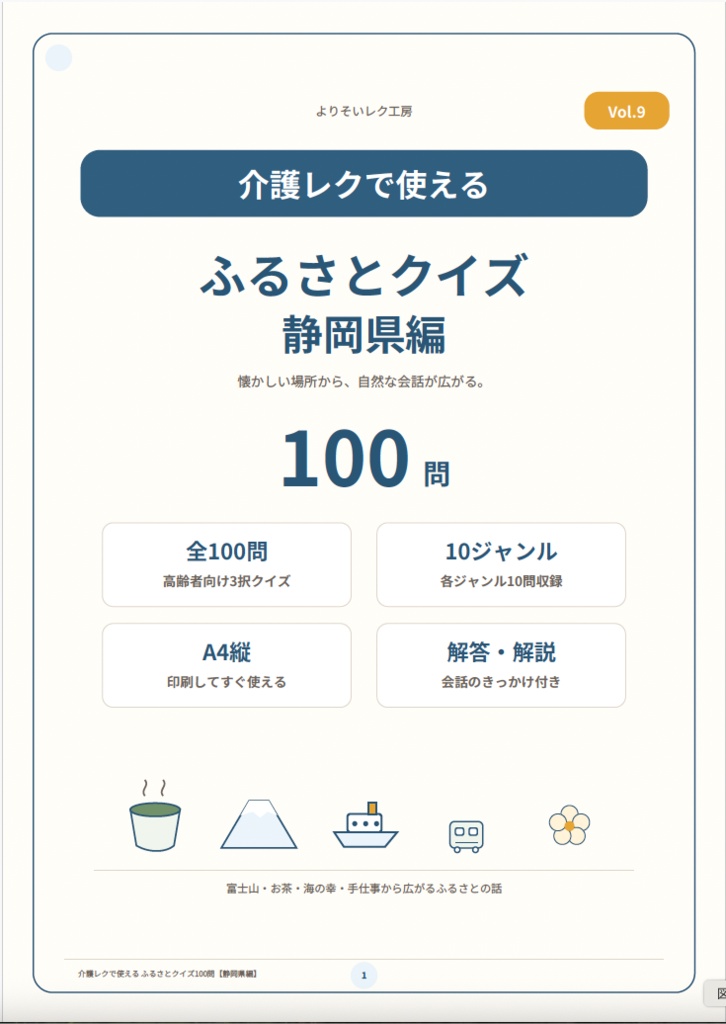 【介護レク・高齢者向け】ふるさとクイズ100問〈静岡県編〉|3択・解説・会話のきっかけ付き|印刷用PDF
