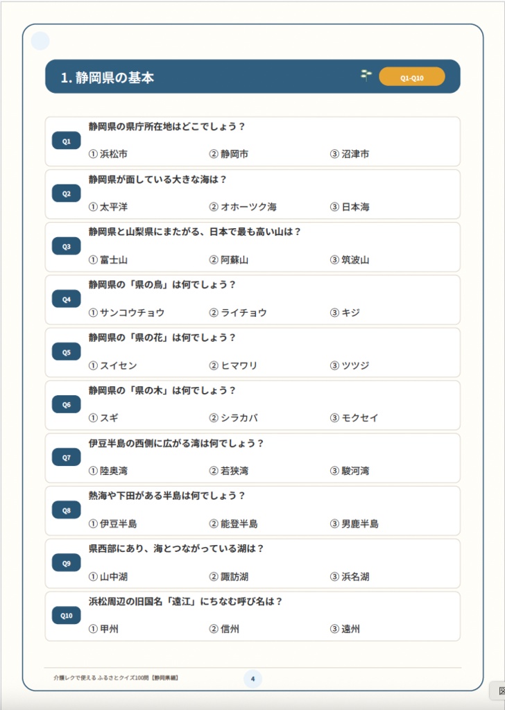 【介護レク・高齢者向け】ふるさとクイズ100問〈静岡県編〉|3択・解説・会話のきっかけ付き|印刷用PDF