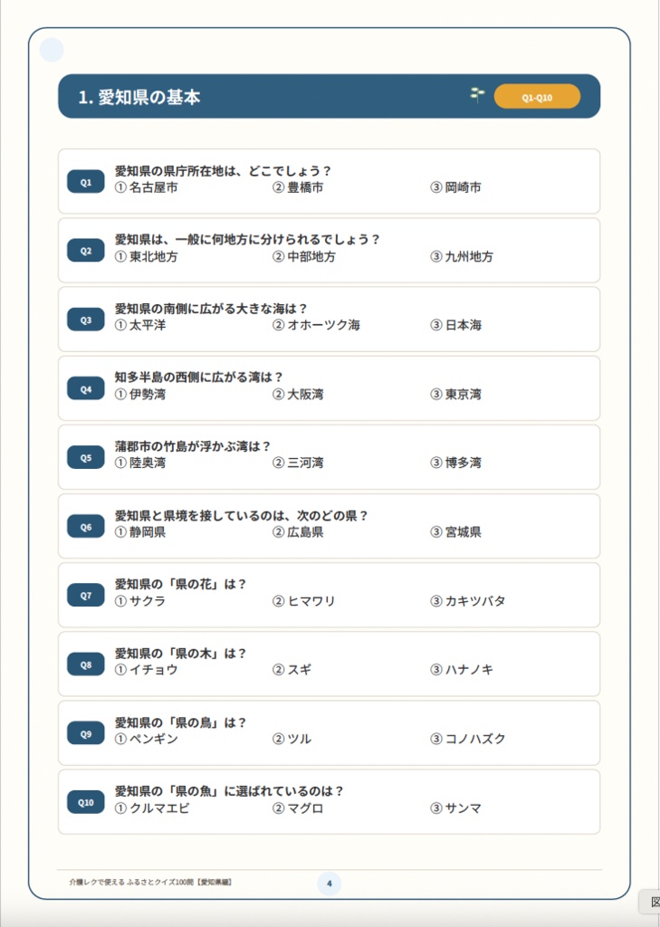 【介護レク・高齢者向け】ふるさとクイズ100問〈愛知県編〉|3択・解説・会話のきっかけ付き|印刷用PDF