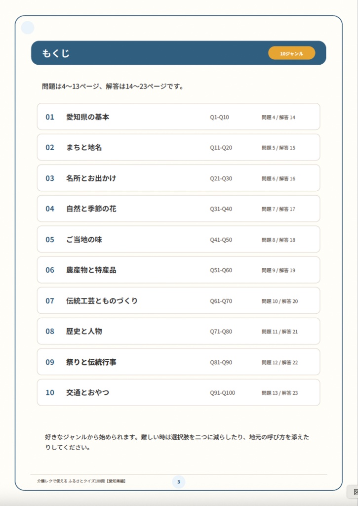 【介護レク・高齢者向け】ふるさとクイズ100問〈愛知県編〉|3択・解説・会話のきっかけ付き|印刷用PDF