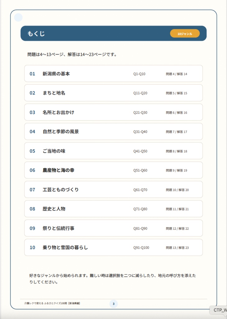 【介護レク・高齢者向け】ふるさとクイズ100問〈新潟県編〉|3択・解説・会話のきっかけ付き|印刷用PDF