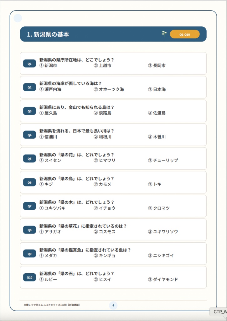 【介護レク・高齢者向け】ふるさとクイズ100問〈新潟県編〉|3択・解説・会話のきっかけ付き|印刷用PDF
