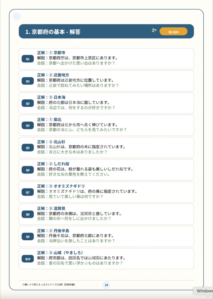 【介護レク・高齢者向け】ふるさとクイズ100問〈京都府編〉|3択・解説・会話のきっかけ付き|印刷用PDF