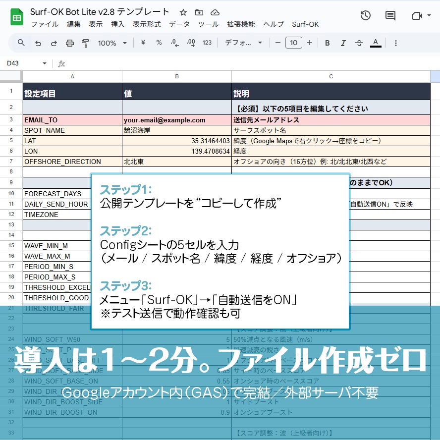 Surf-OK Bot Lite|朝5時に届くあなた専用の波メール(GASテンプレート)