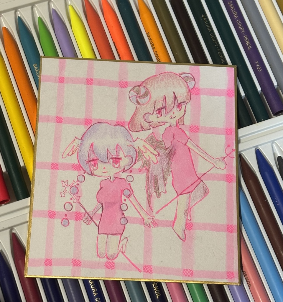 オリジナルミニ色紙｜ピンクチェックのふたり（手描き一点もの）