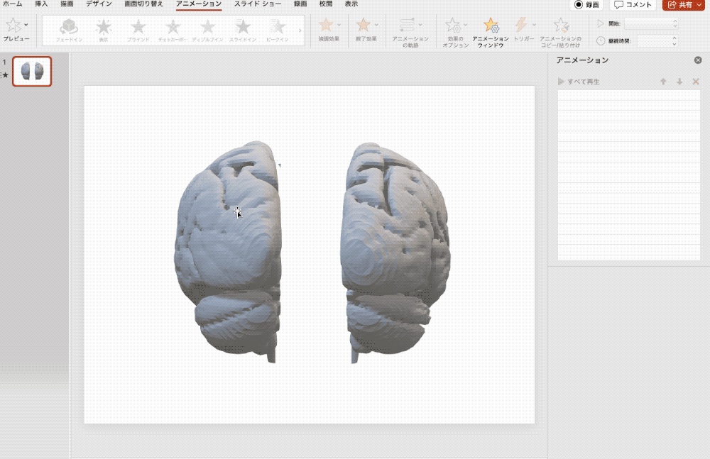 ヒト脳の高精度3Dモデル③【brain03rl.stl】(3Dプリント用、パワポ素材、モニタ上で回転)