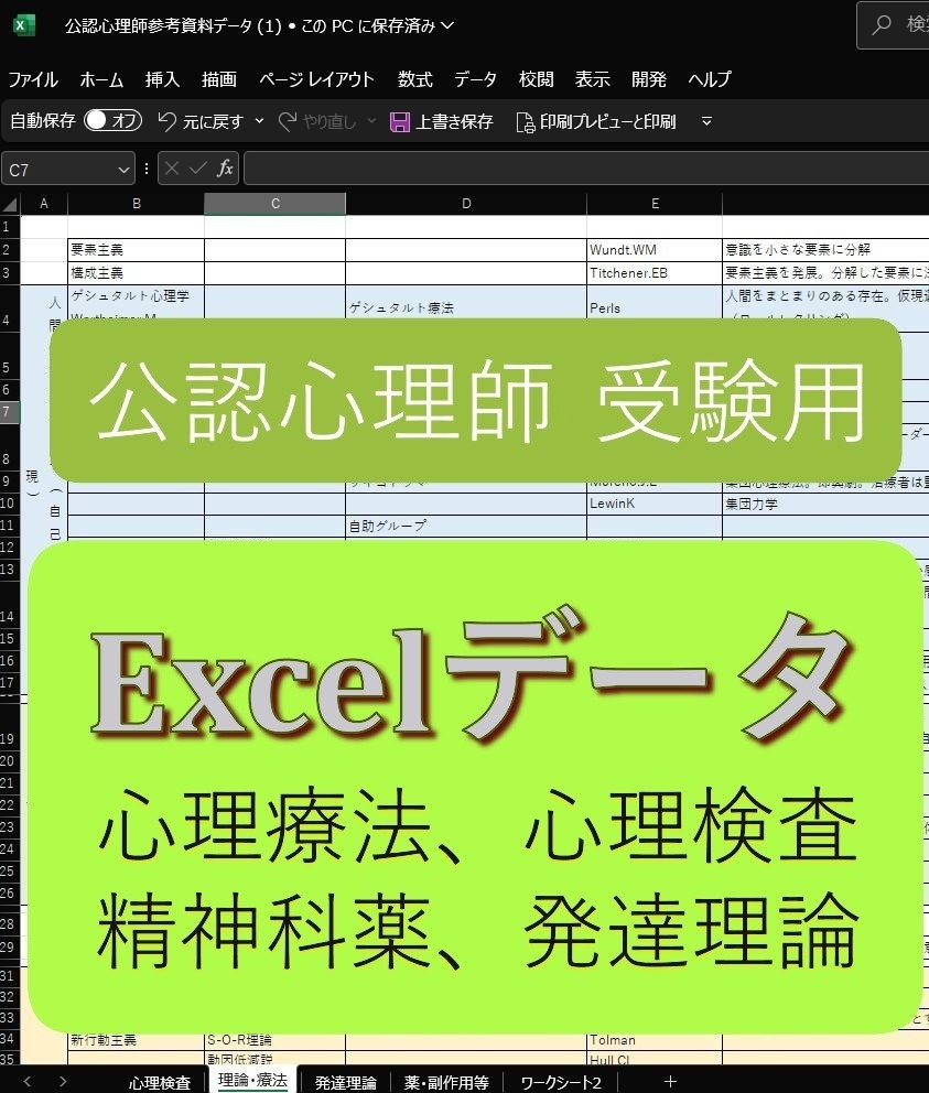 公認心理師　受験参考資料エクセルデータ　心理療法、心理検査、精神科薬、発達理論