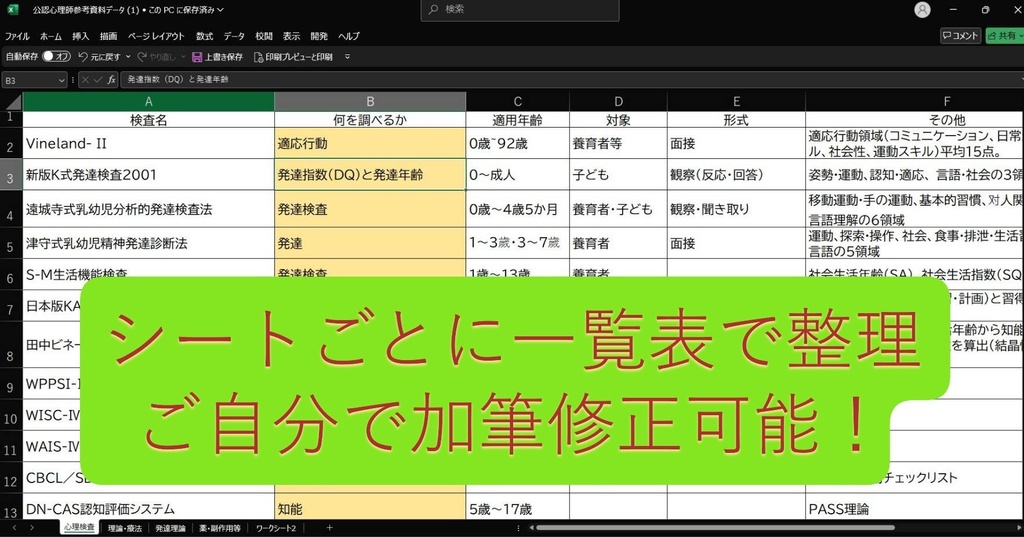 公認心理師 受験参考資料エクセルデータ 心理療法、心理検査、精神科薬、発達理論