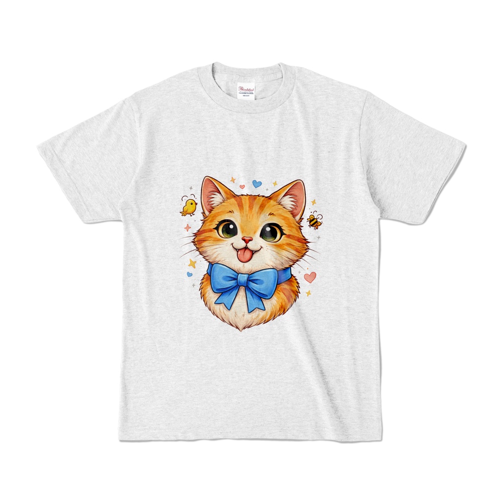 Cute Ginger Kitten with Blue Bow Watercolor T-Shirt | Kawaii Cat Shirt