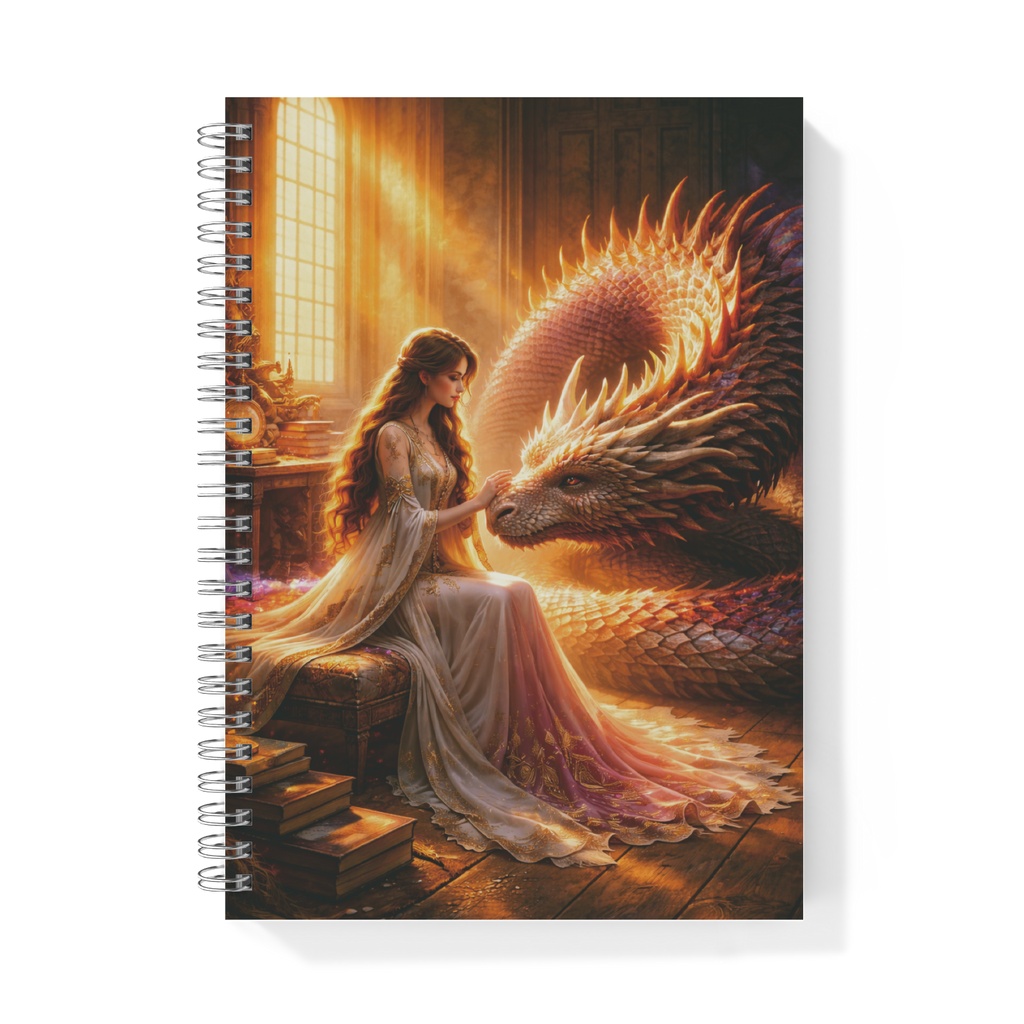 Golden Dragon and the Maiden - Fantasy Firelight Art