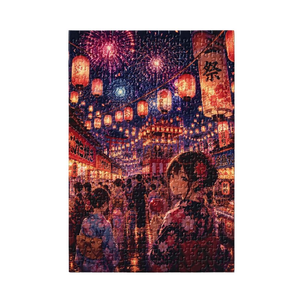 Japanese Summer Festival at Night - Woman in Kimono, Lanterns and Firewoeks
