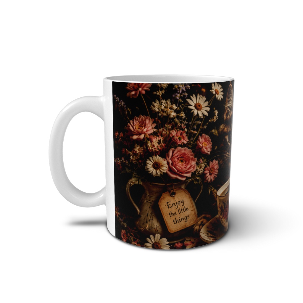 Cozy Vintage Mug Cat with Tea Flowers