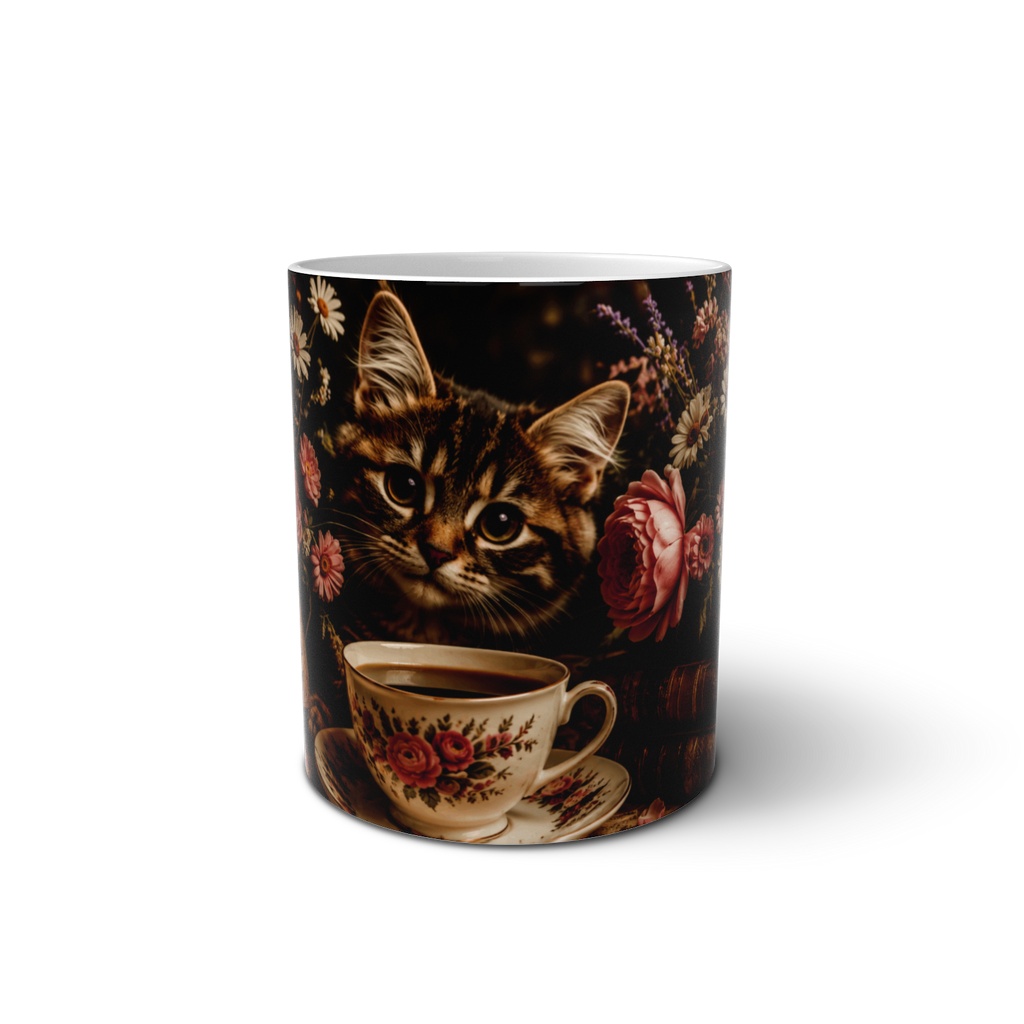 Cozy Vintage Mug Cat with Tea Flowers