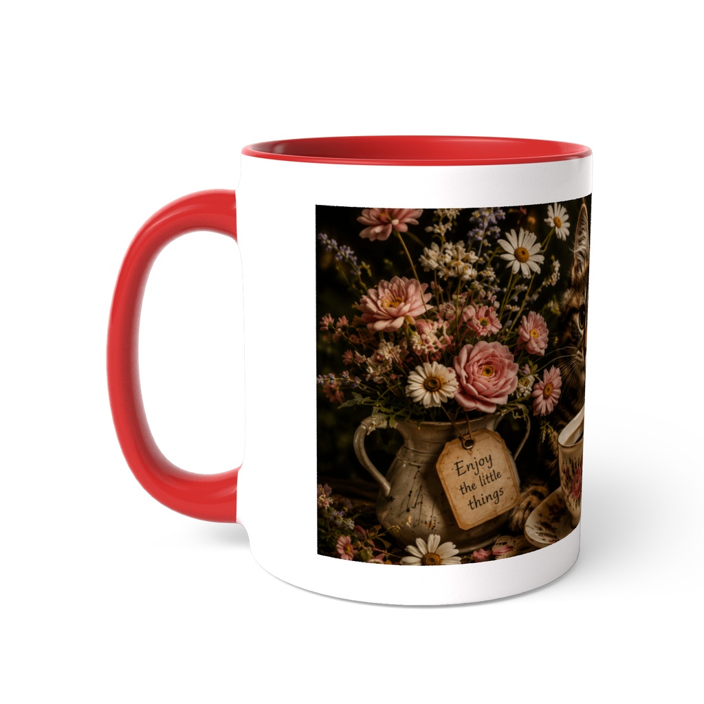Cozy Vintage Cat with Tea and Coffee Mug