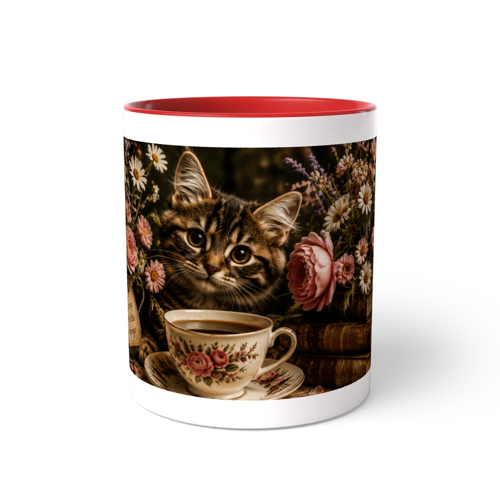 Cozy Vintage Cat with Tea and Coffee Mug