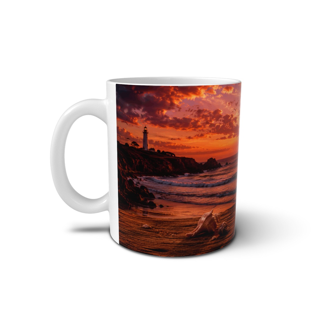 Ocean Sunset Coffee - Seaside Lighthouse and Golden Waves Mug