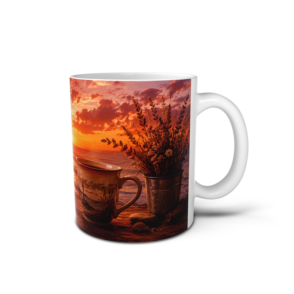 Ocean Sunset Coffee - Seaside Lighthouse and Golden Waves Mug