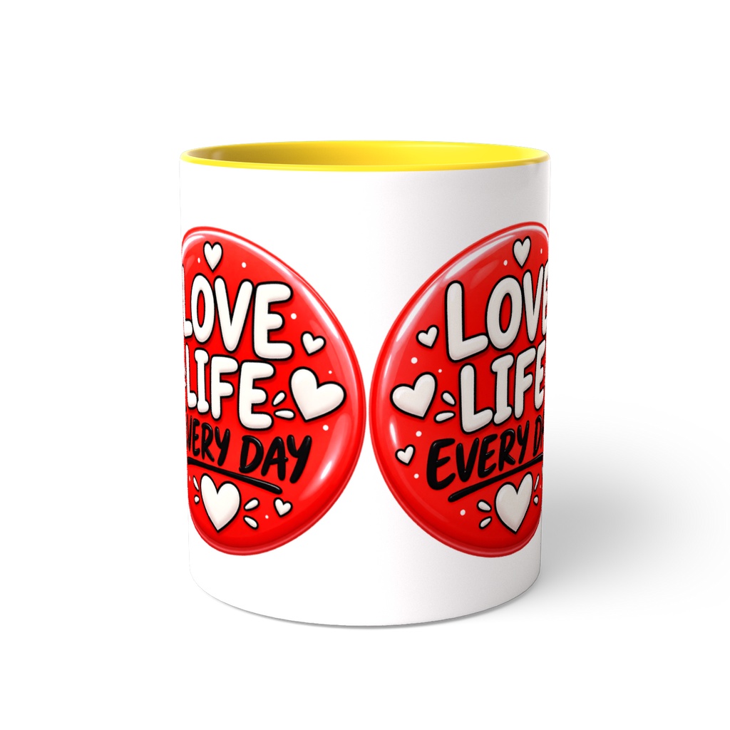 Mug Love Life Everyday - Retro Love Badge with Hearts