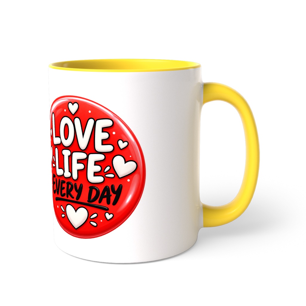 Mug Love Life Everyday - Retro Love Badge with Hearts