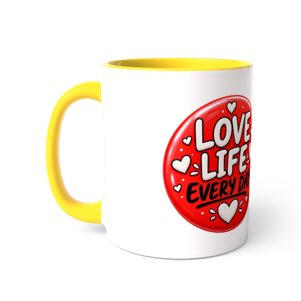 Mug Love Life Everyday - Retro Love Badge with Hearts