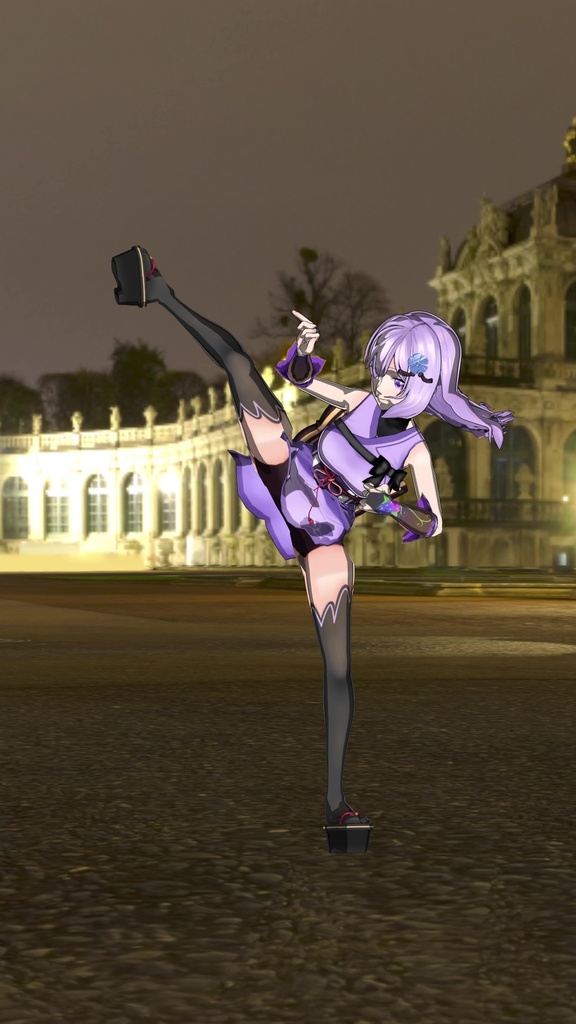 後ろ回し蹴り→二段蹴り→回し蹴り→後ろ回し蹴り→飛び前蹴り