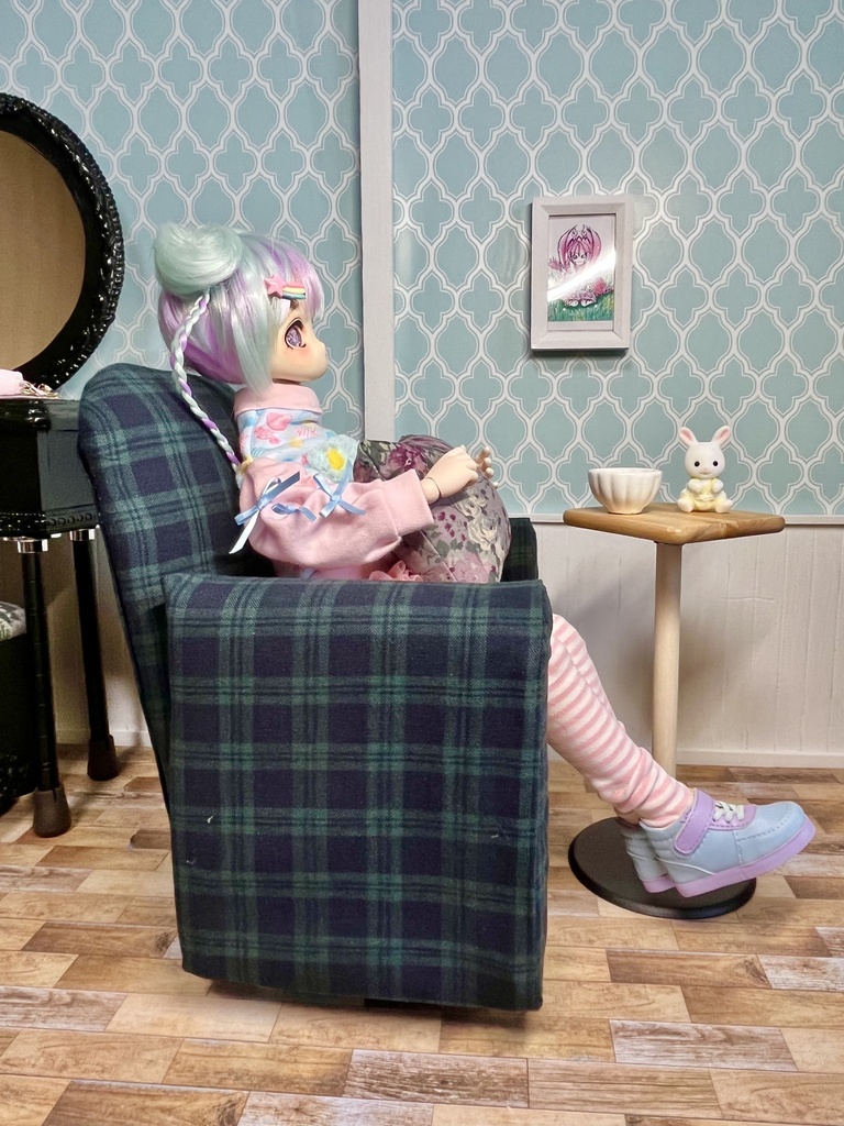 1/3(1/4)スケール ドール専用 一人用ソファ チェックグリーン