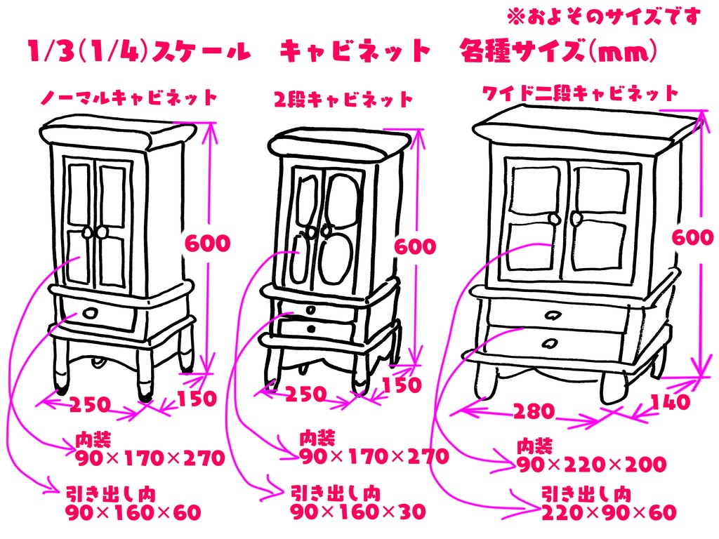 1/3(1/4)スケール ドール用 二段キャビネット ホワイト②