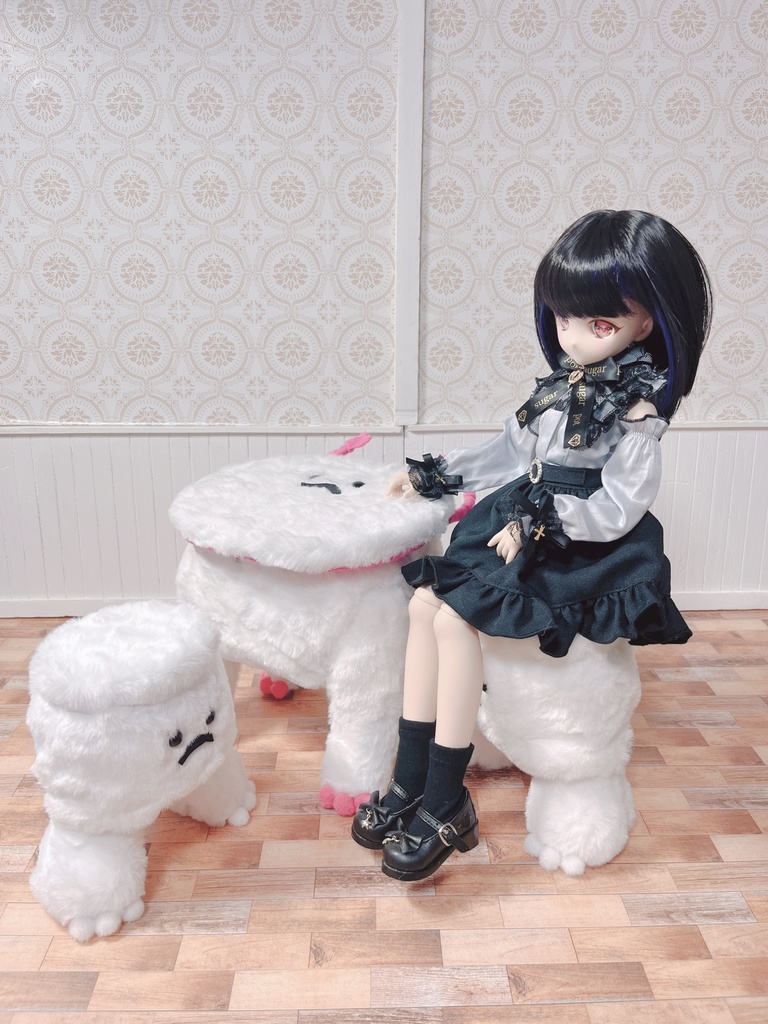 もふもふマンカフェテーブルセット ホワイト×ピンク